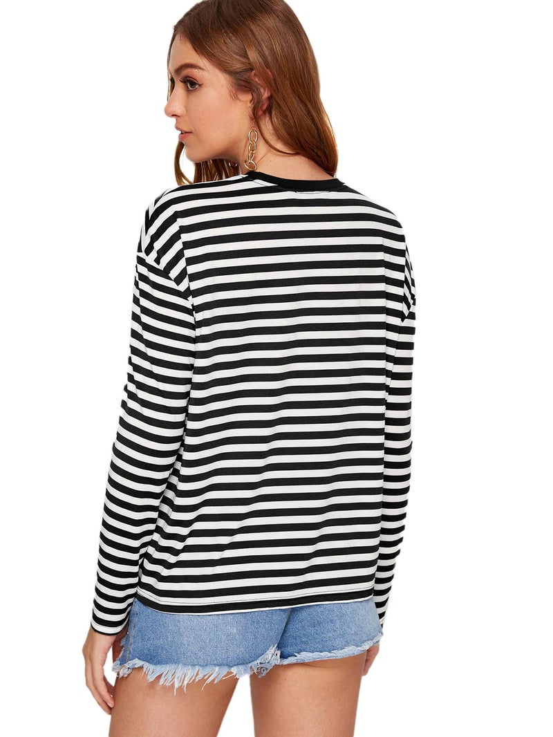 SweatyRocks Women's Casual Striped Tee Shirt Long Sleeve Round Neck Top Black S - Image 2